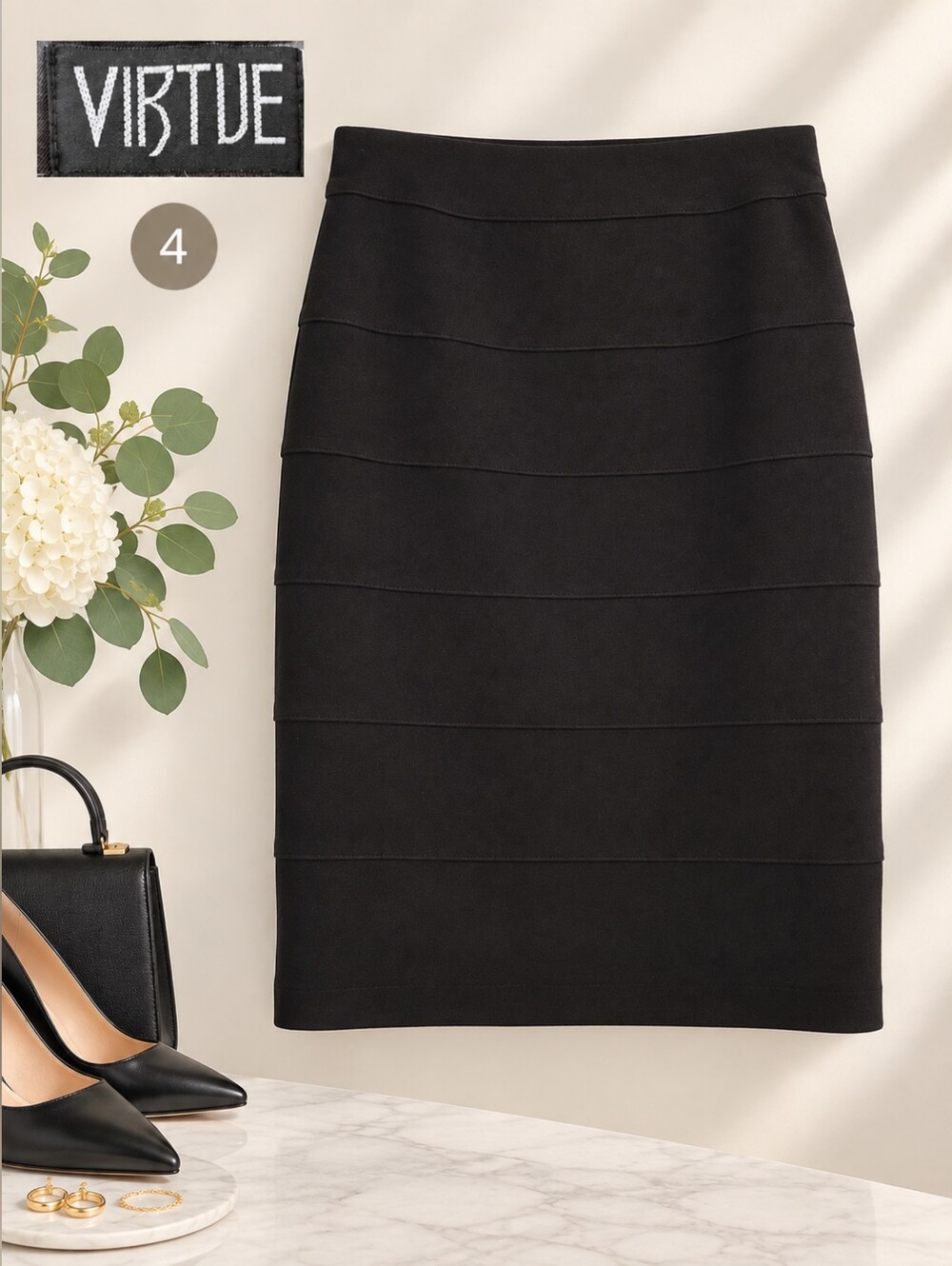 Virtue Minimalist Black Pencil Skirt, Size 4